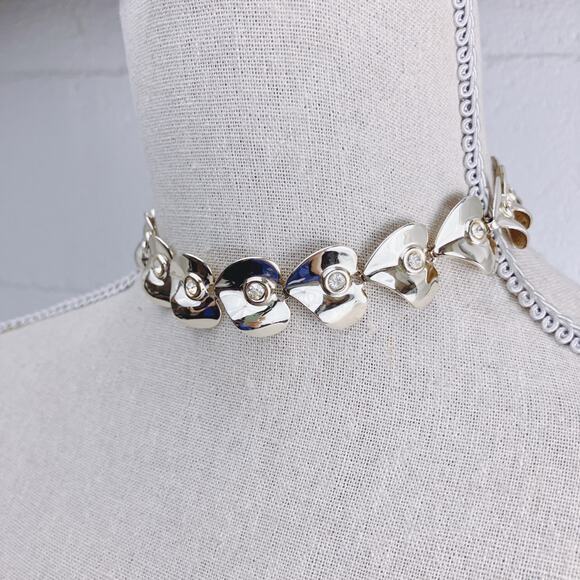 Vintage Mid Century Gold Tone Heart Rhinestone Choker Necklace 1950s - Picture 12 of 15